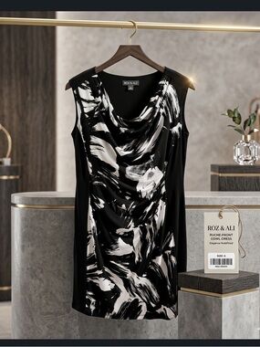 ROZ & ALI Black & White Women Cap Sleeve Dress Barely Worn SZ 14W Stretchy NWOT